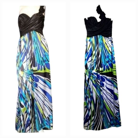 My Michelle One Shoulder Peacock Maxi Dress Colorful Satin Sweetheart Rosette - Picture 15 of 15